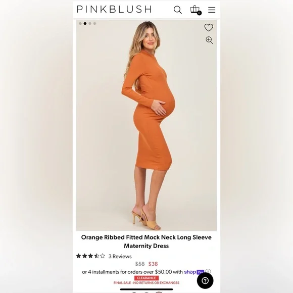 Pink Blush Orange Ribbed Fitted Mock Neck Long Sleeve Maternity Dress - Picture 3 of 5
